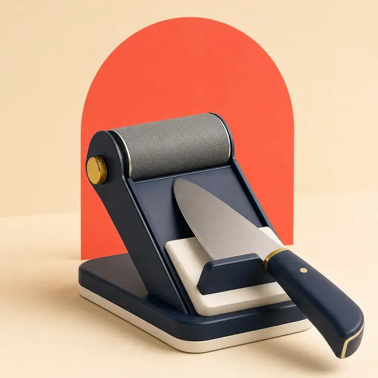 Illustration d’un concept original pour aiguiseur de couteaux roulant à angle guidé