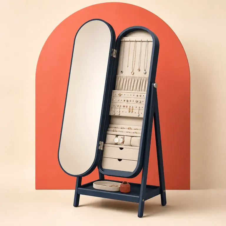 Illustration d’un concept original pour miroir sur pied avec armoire à bijoux