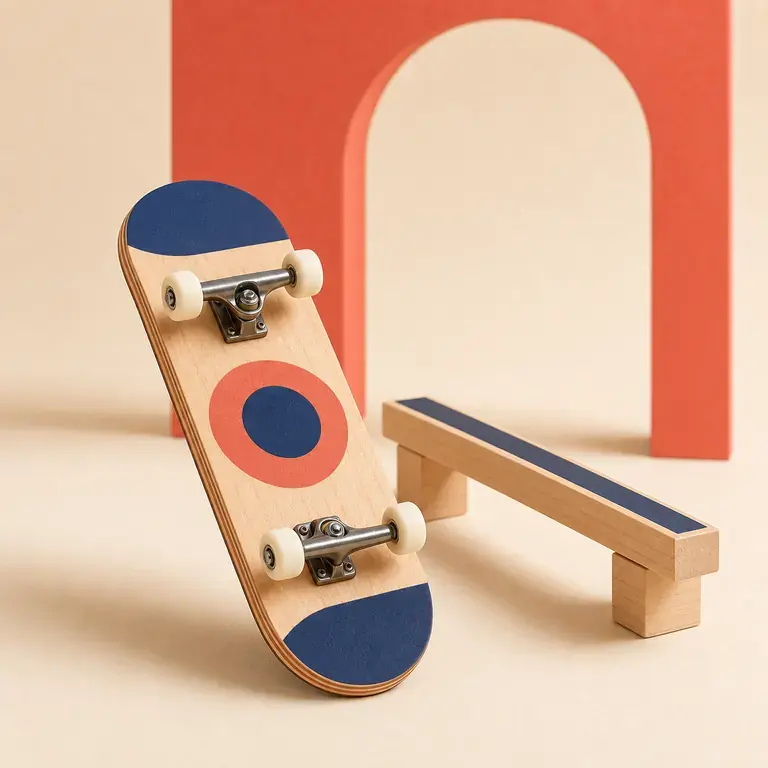 Illustration d’un concept original de fingerboard en bois avec trucks métalliques