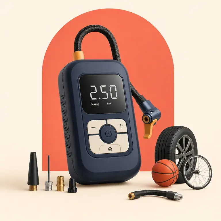 Illustration d’un concept original pour gonfleur de pneus rechargeable avec arrêt automatique