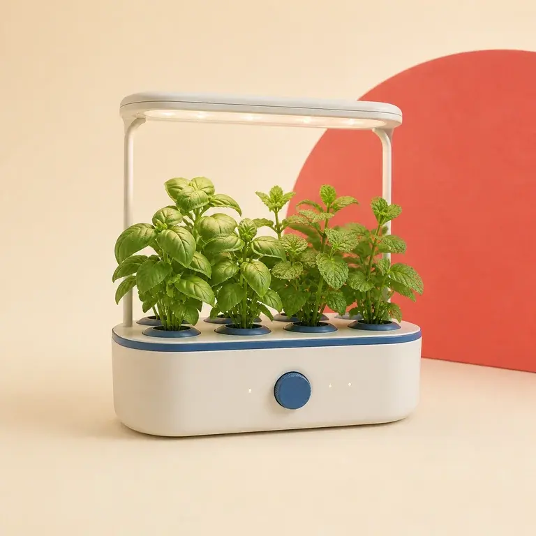 Illustration d’un concept original de jardin hydroponique compact pour herbes aromatiques