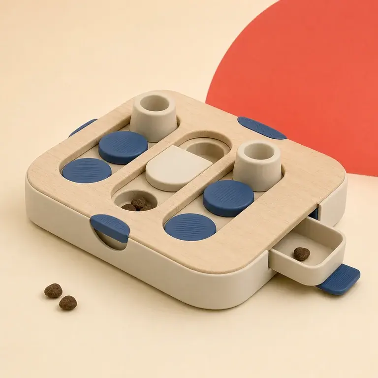 Illustration d’un concept original de jeu d’intelligence à compartiments pour chien