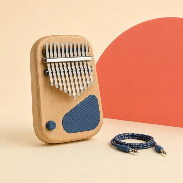 Illustration d’un concept original de kalimba électrique en bois avec câble audio