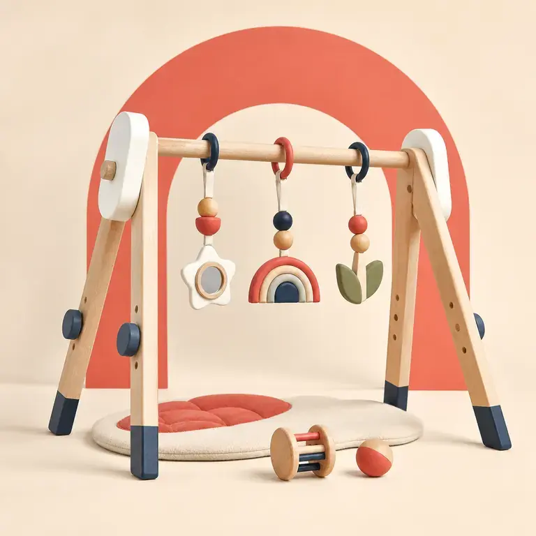 Illustration d’un concept original pour portique d'éveil en bois évolutif