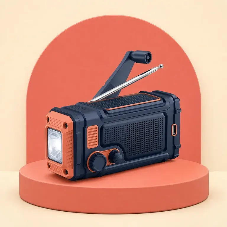 Illustration d’un concept original pour radio d’urgence à manivelle et solaire