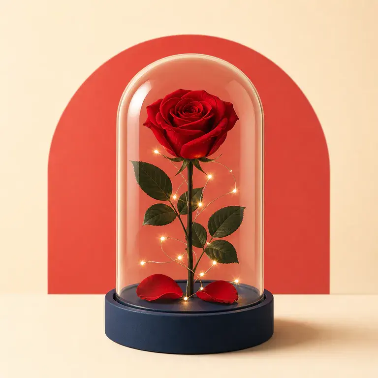 Illustration d’un concept original de rose préservée sous cloche éclairée