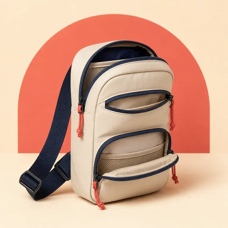 Illustration d’un concept original de sac bandoulière compact à compartiments
