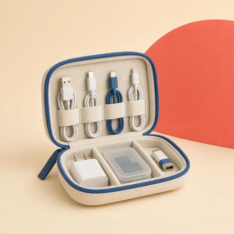 Illustration d’un concept original de sacoche organisée pour câbles et accessoires tech