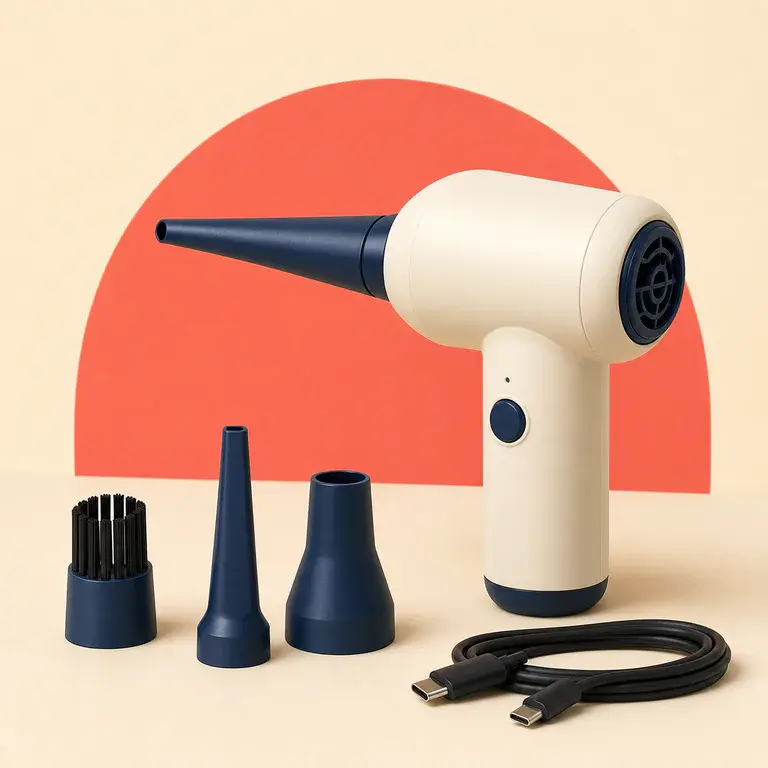 Illustration d’un concept original de souffleur d’air rechargeable avec embouts