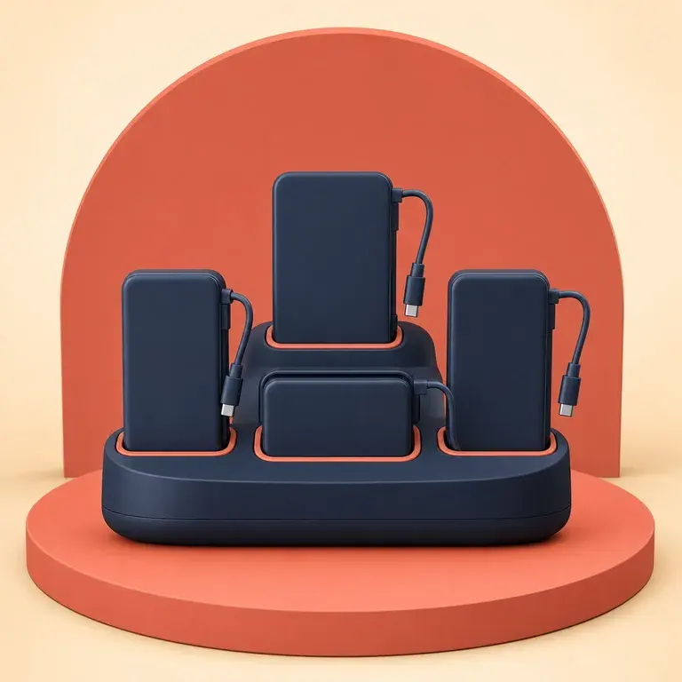 Illustration d’un concept original pour station de charge à batteries détachables