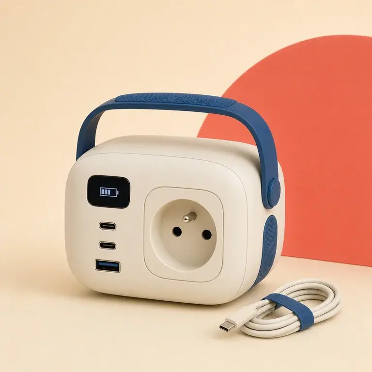 Illustration d’un concept original de station d’énergie portable avec prise française