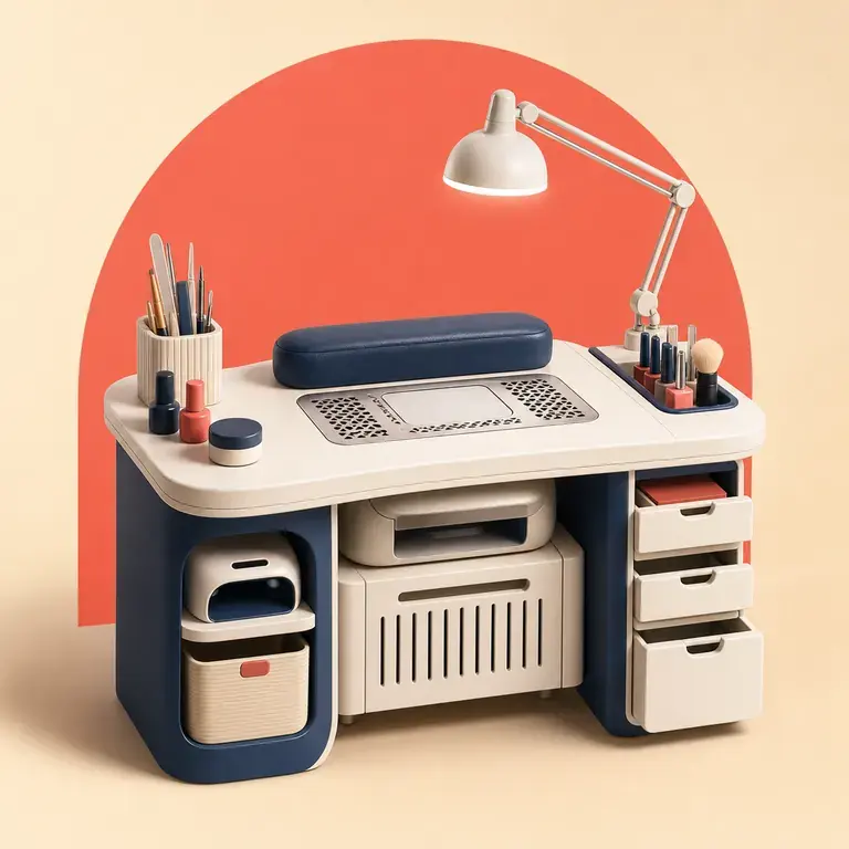 Illustration d’un concept original pour station de manucure avec lampe et aspiration