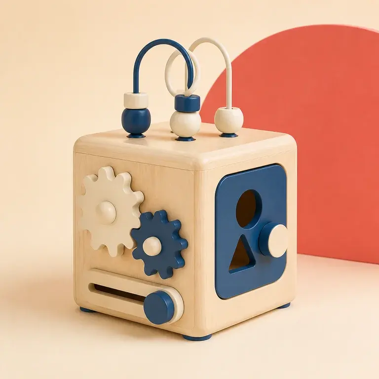 Illustration d’un concept original de cube d’activités en bois pour la motricité