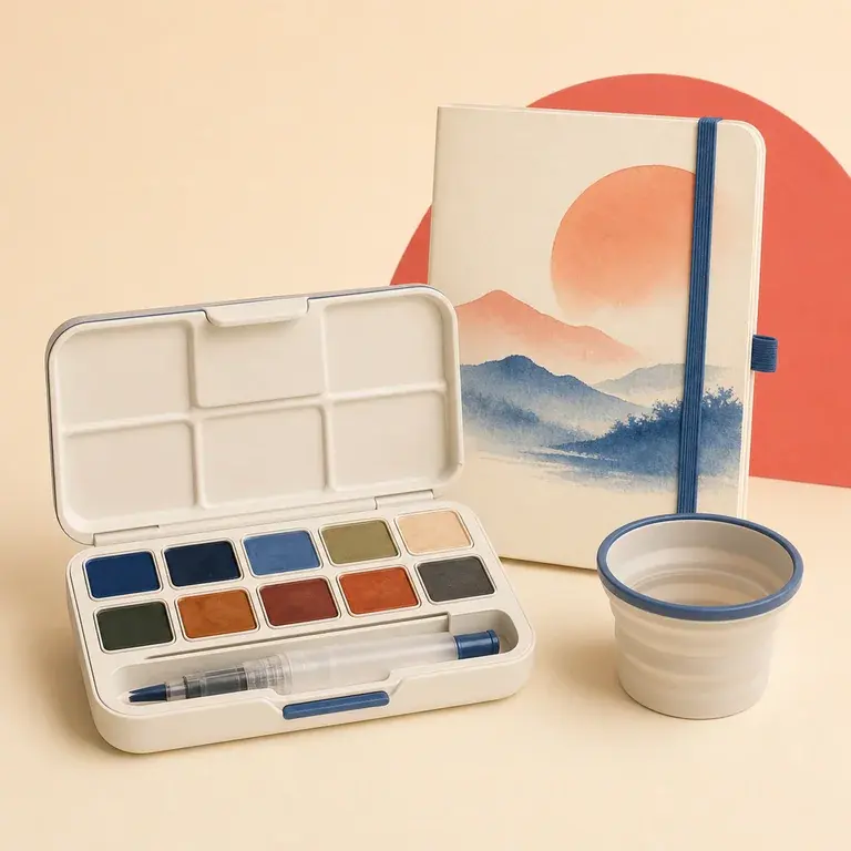 Illustration d’un concept original de kit d’aquarelle compact pour voyager